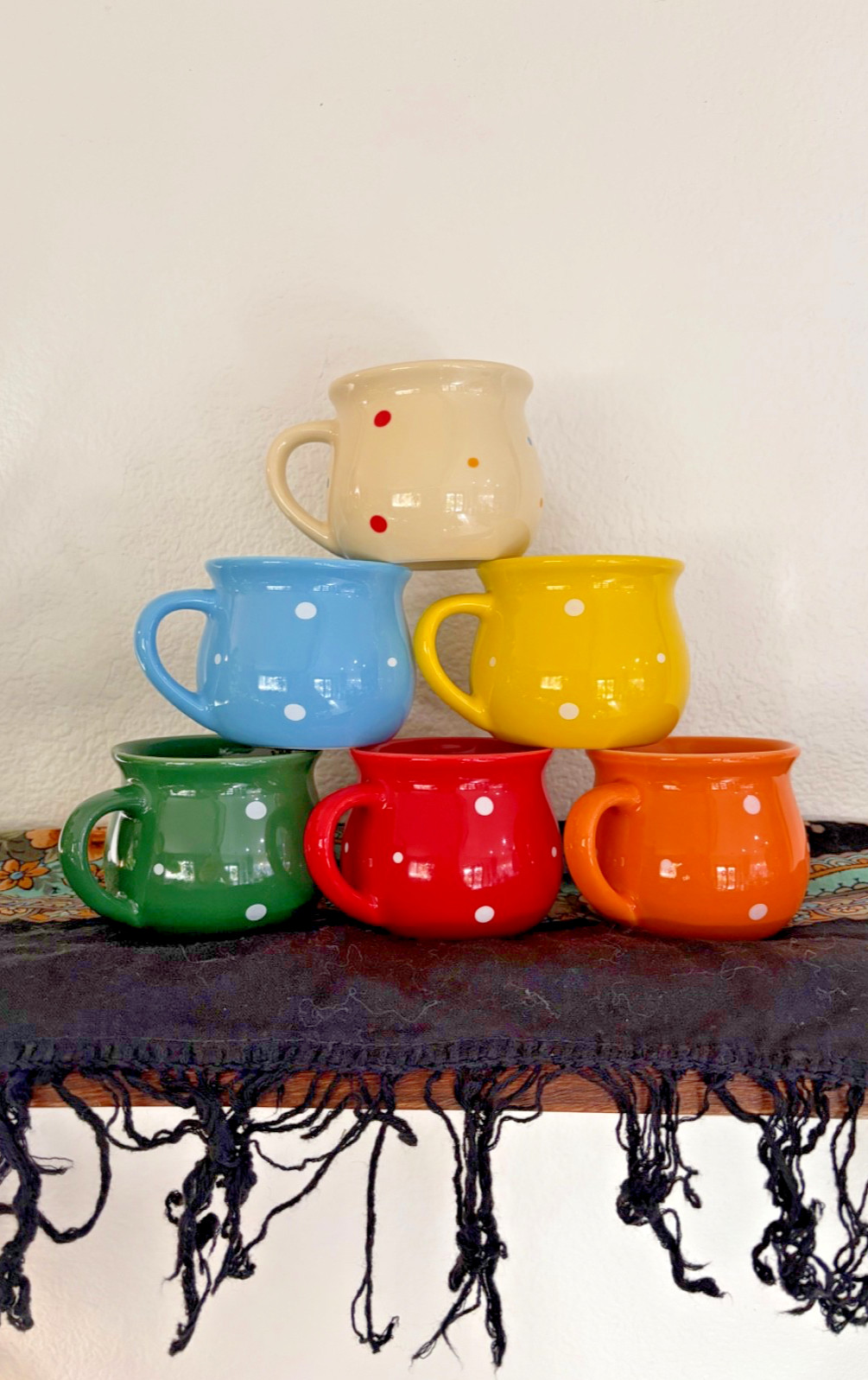 Colorful Polka Dot Coffee Mugs Set of 6 Ceramic Retro Rainbow Cups Red Blue Yell