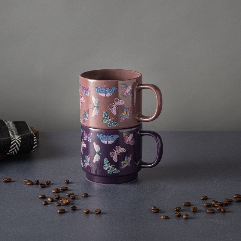 Stackable Butterfly Mugs Set of 2 Stoneware Coffee Tea Dishwasher Safe New