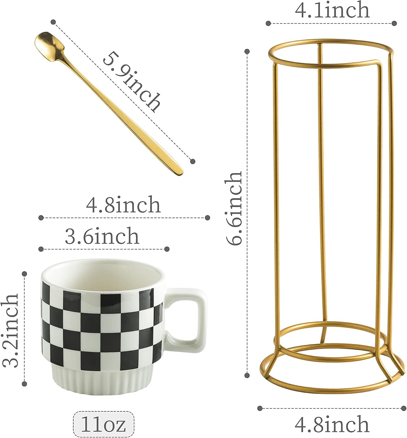 Stackable Coffee Mug Set of 4 with Rack 11 Oz Tea Cup Set with Little Spoon for