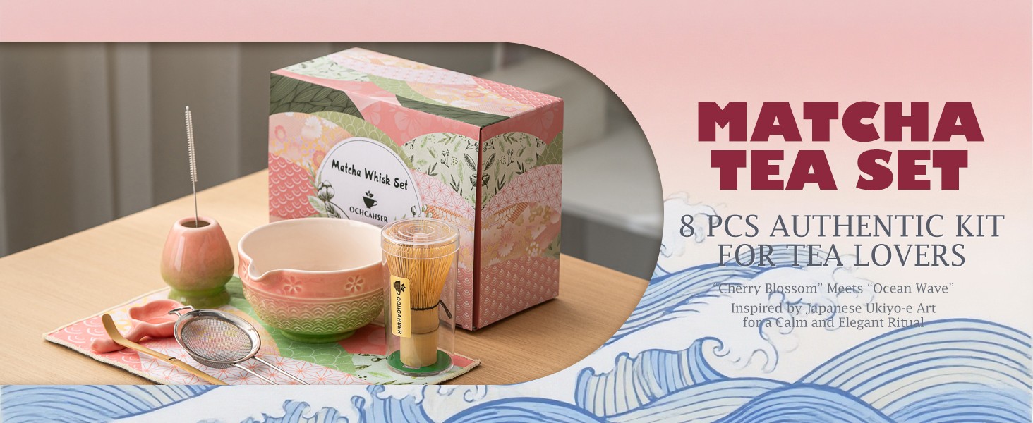 Matcha Tea Set, 8 Pcs Japanese Matcha Kit with Cherry Blossom and Wave