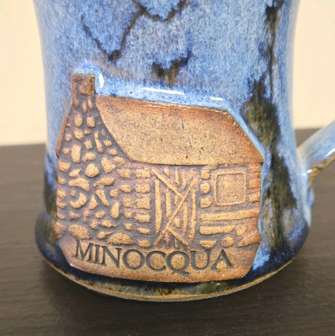 Minnesota Minocqua Studio Art Pottery Mug Cabin Pine Forest Blue Glaze Signed