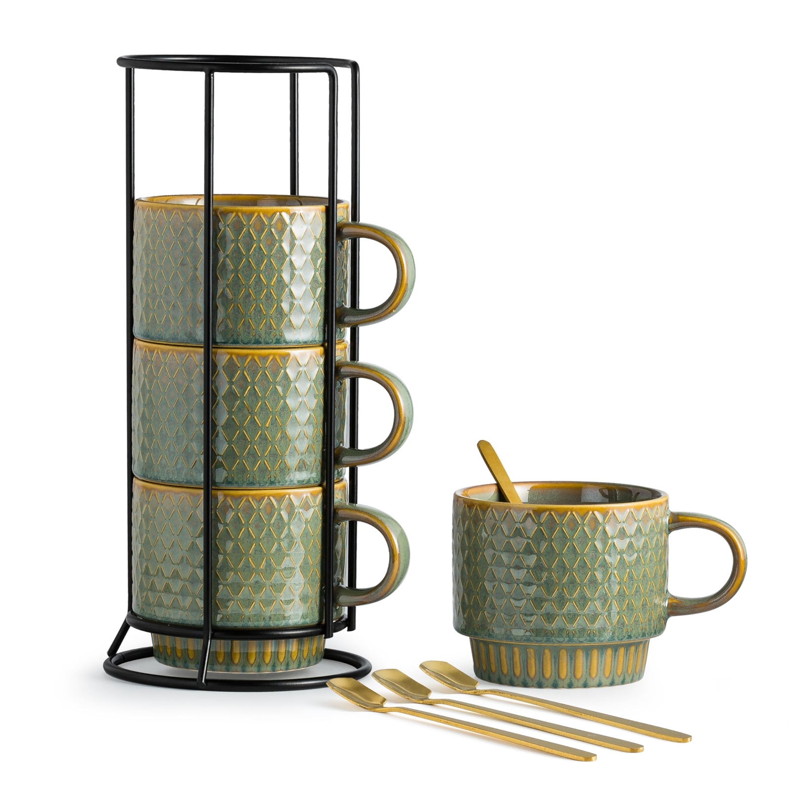 Coffee Mug Set 4 Stackable 13 Oz Ceramic Cups Rack Spoons Stand Blue Green