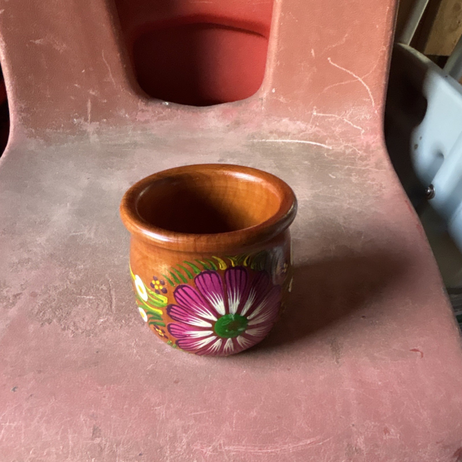 Hand-Painted Wooden Floral Coffee Mug, Brown Rustic Decorated 8 fl oz