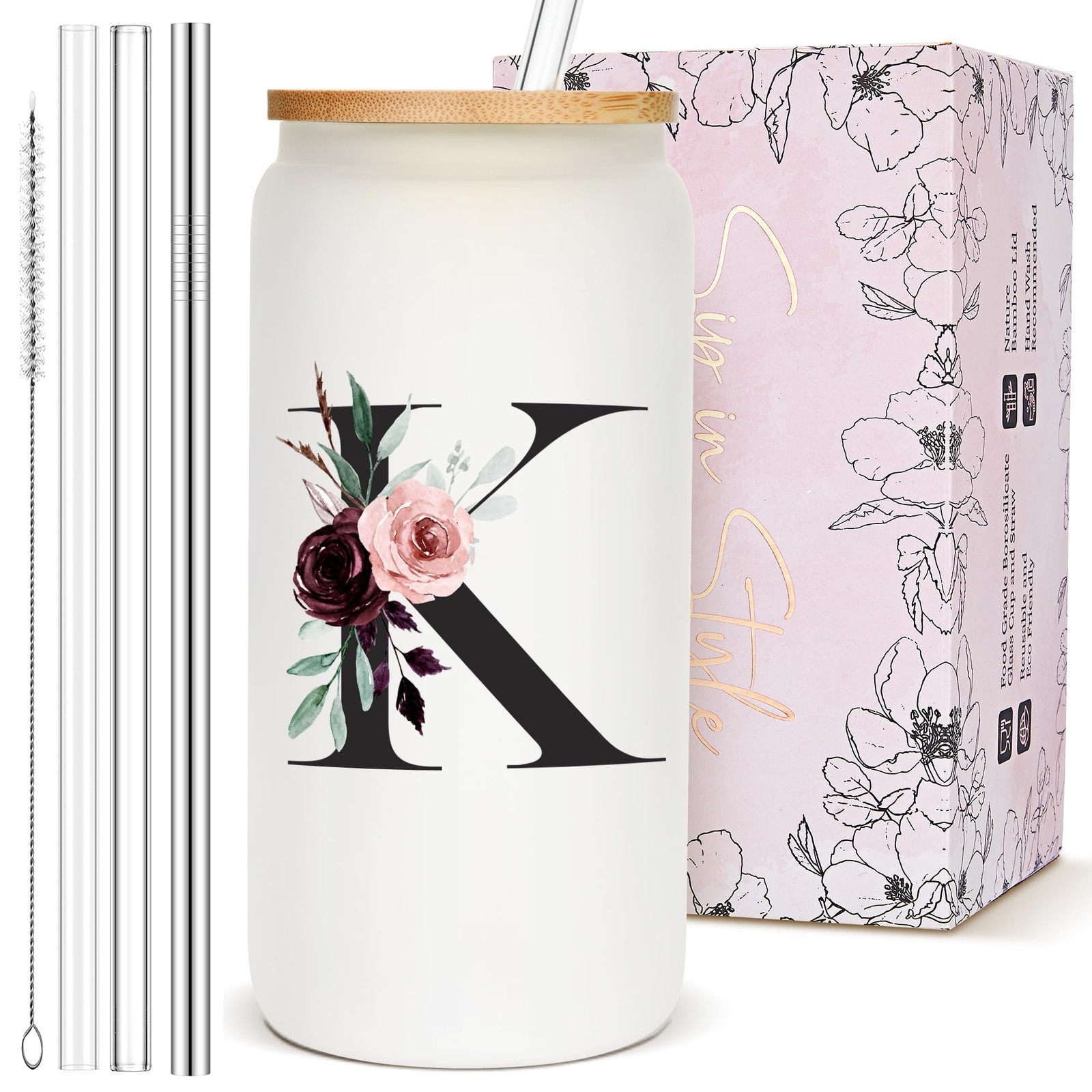 Personalized Monogrammed Glass Cup with Lid & Straw, Bridesmaid Gift