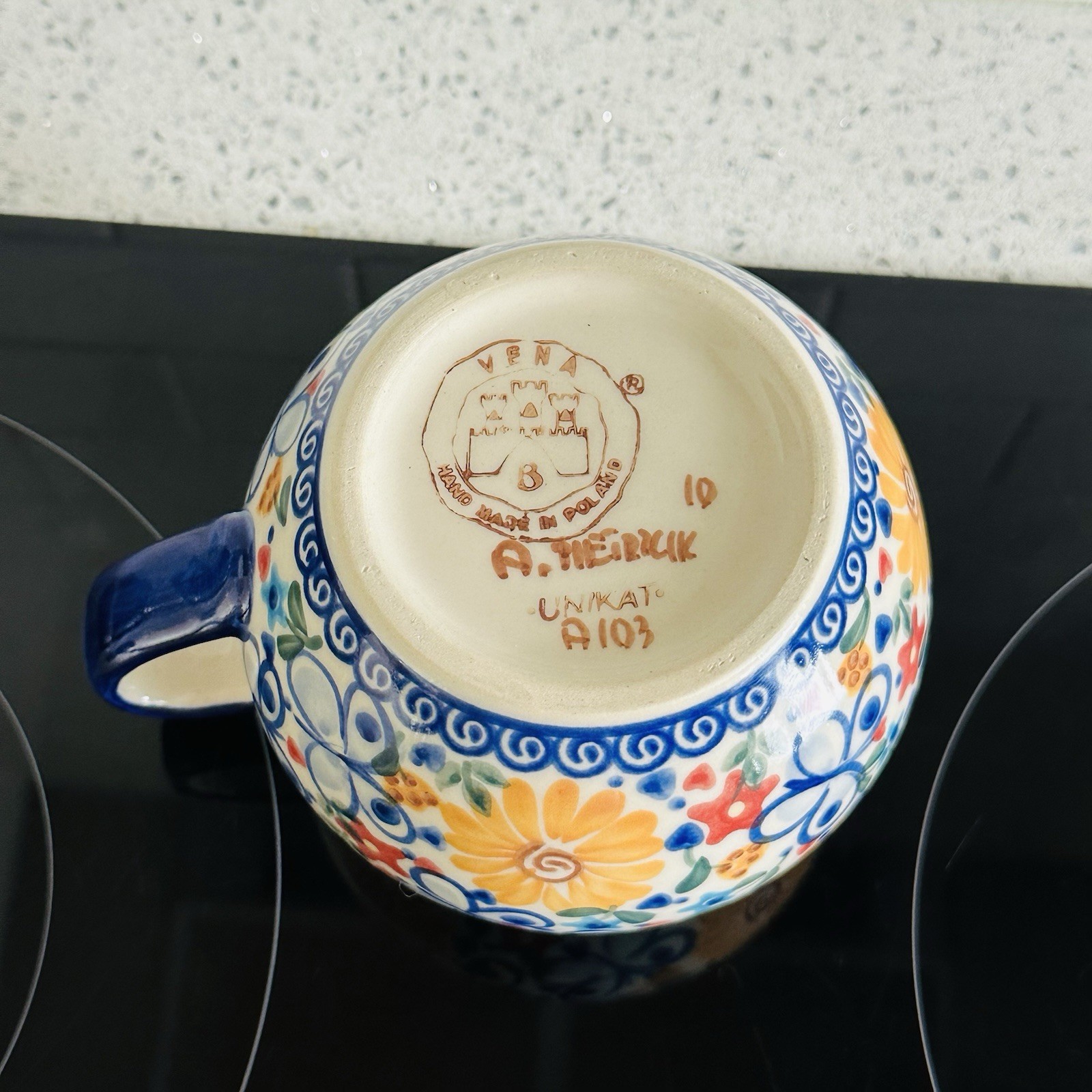 Polish Mug Pottery Bubble Mug Blue Red Yellow Butterflies Flowers Unikat Vena