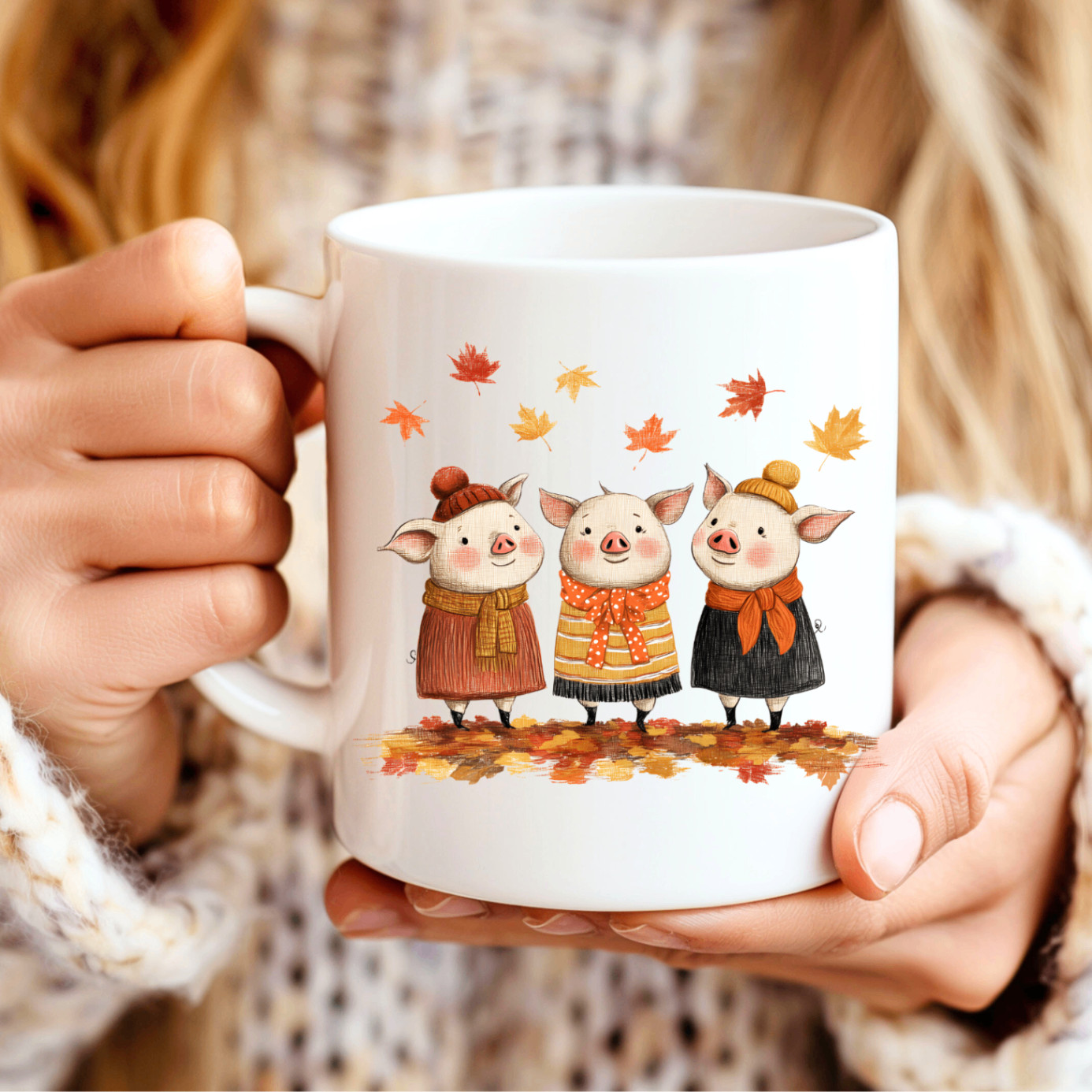 Cute Fall Pig Mug Autumn Leaves Coffee Cup Cozy Farm Animal Barnyard Gift