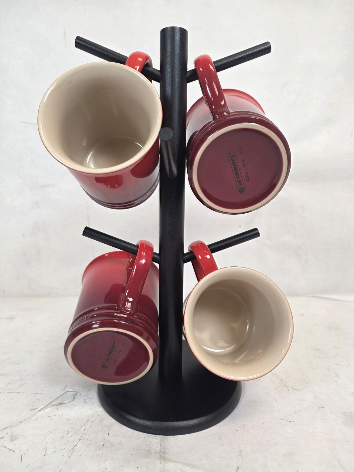 Le Creuset Stoneware 4 Mugs, 14oz (ea) Cerise color with generic stand holder
