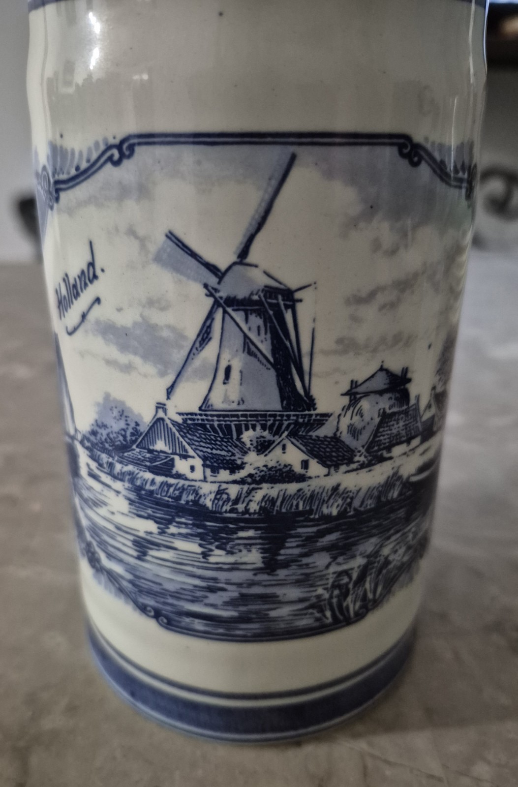 Delft Blue Hand Painted Ceramic Mug Stein Blue/White Windmill Holland 6.25×3″