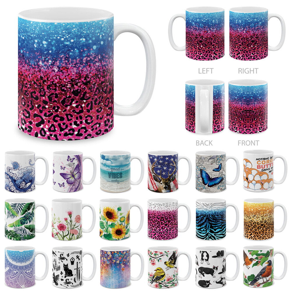 Patterned Design Ceramic Travel Mug Home Tea Coffee Cup With Handgrip, 11 OZ