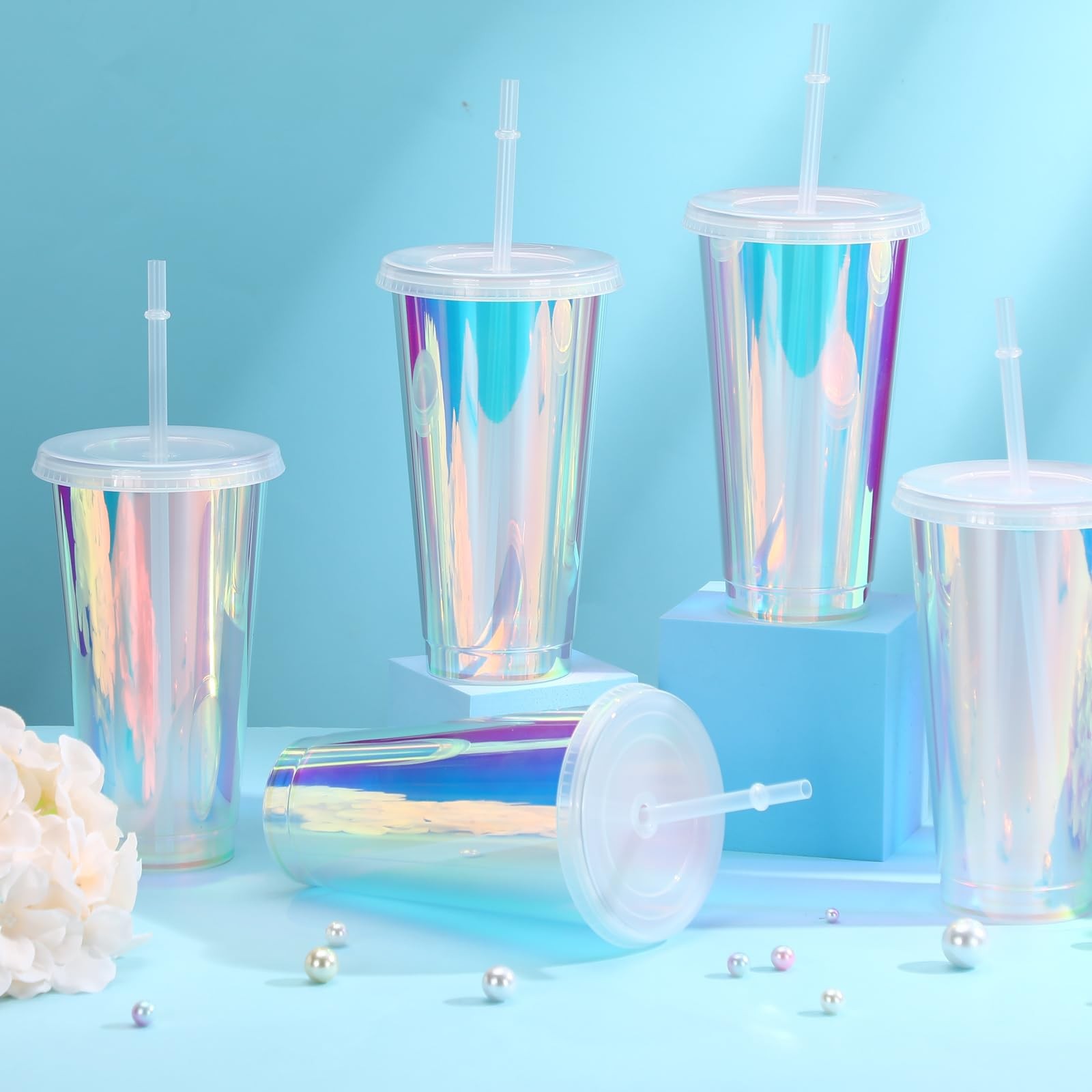Domensi Iridescent Plastic Cups with Lids and Straws 24 oz Iridescent Reusabl…