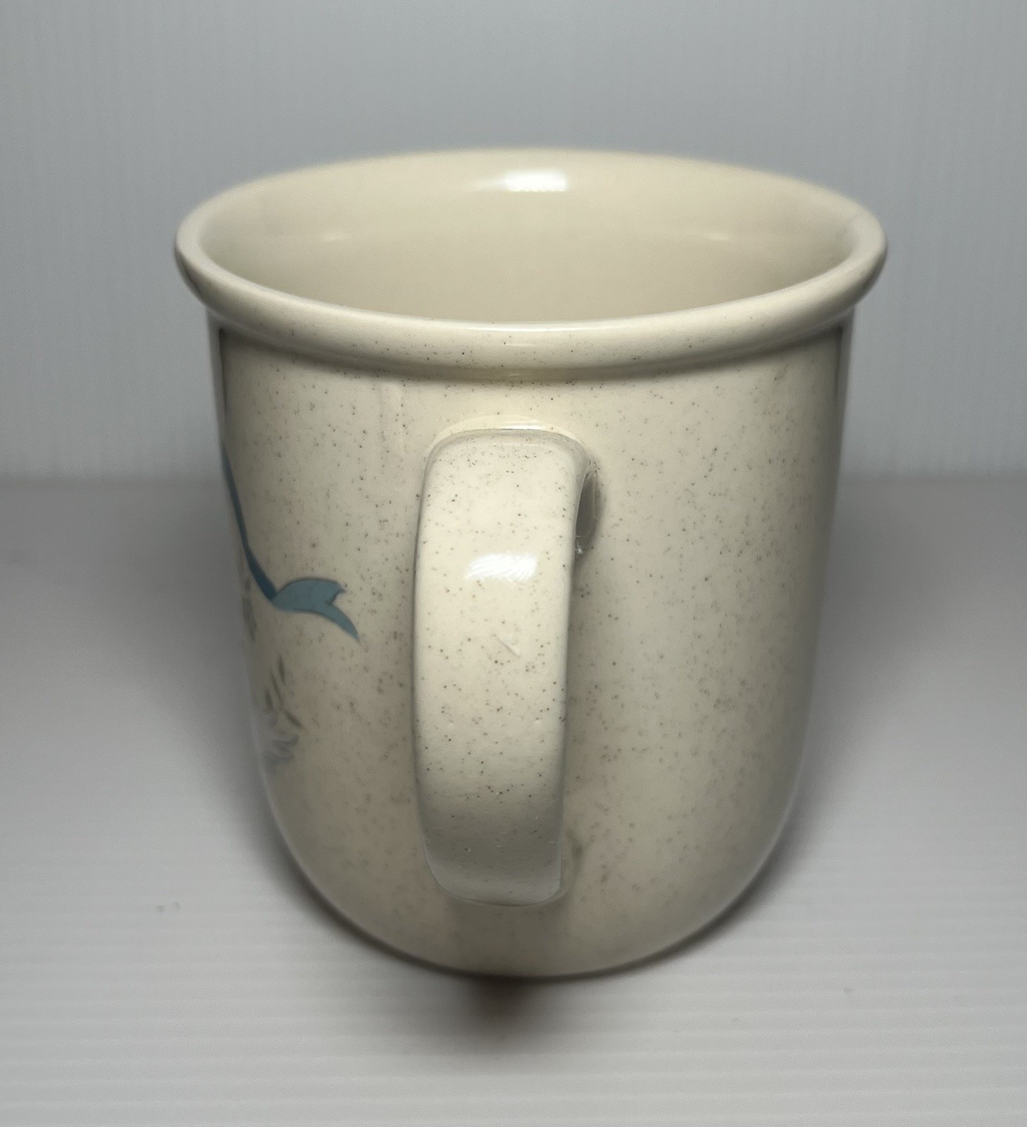 VTG Otagiri Beige Ceramic Coffee Mug with Goose Blue Ribbon and Peach Design