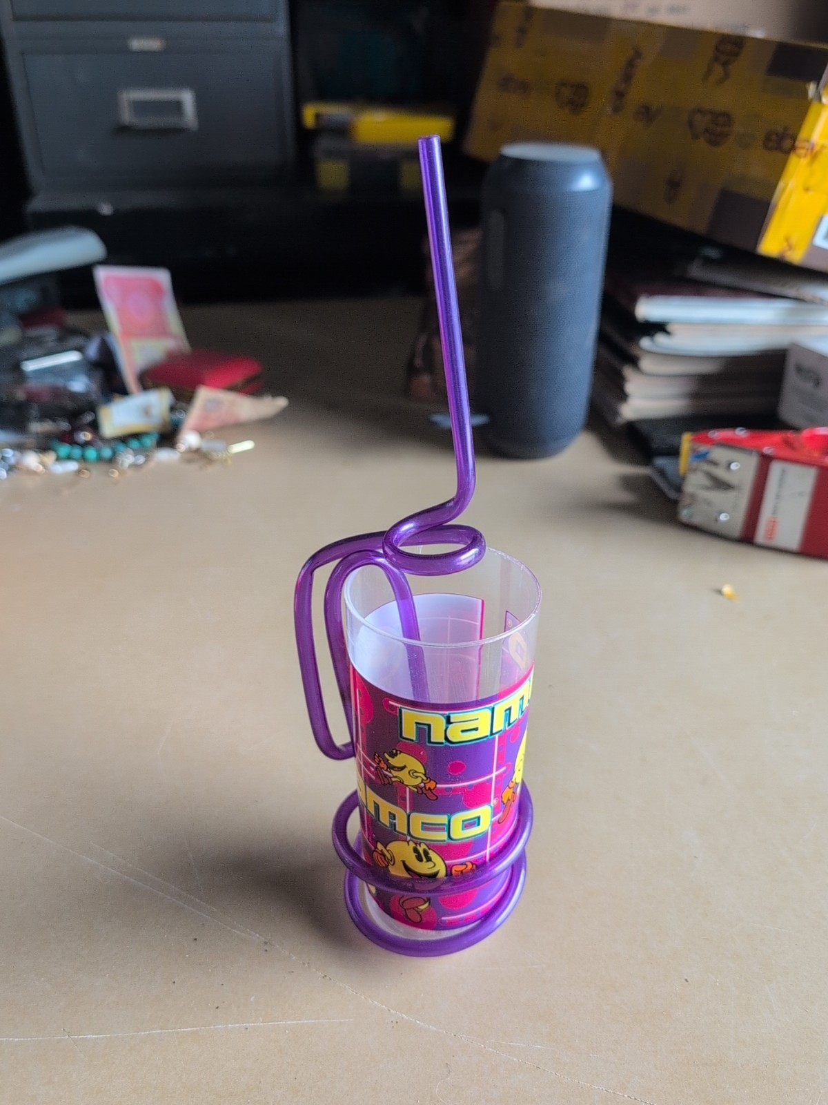 Vintage Pac Man Namco Drinking Cup With Crazy Straw Excellent Condition RARE CUP