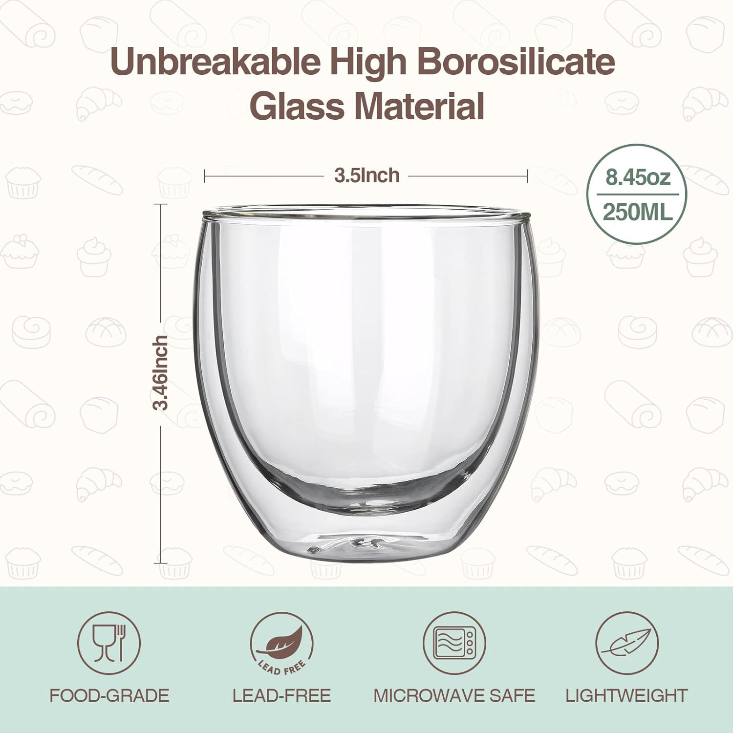 2Pcs 8.5Oz/250Ml Coffee Glasses Clear Insulated Coffee Mug, Glass Coffee Mug Dou