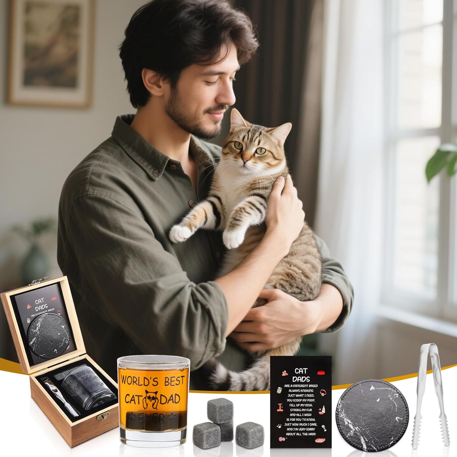 Cat Dad Gifts, Best Gift for Dad, Gift with 12Oz Whiskey Glasses, Stones, Coaste