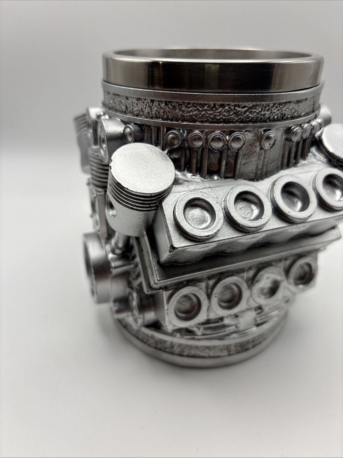 V8 Engine Coffee Mug Cup Silver Metal Stainless Steel Figural Novelty Car