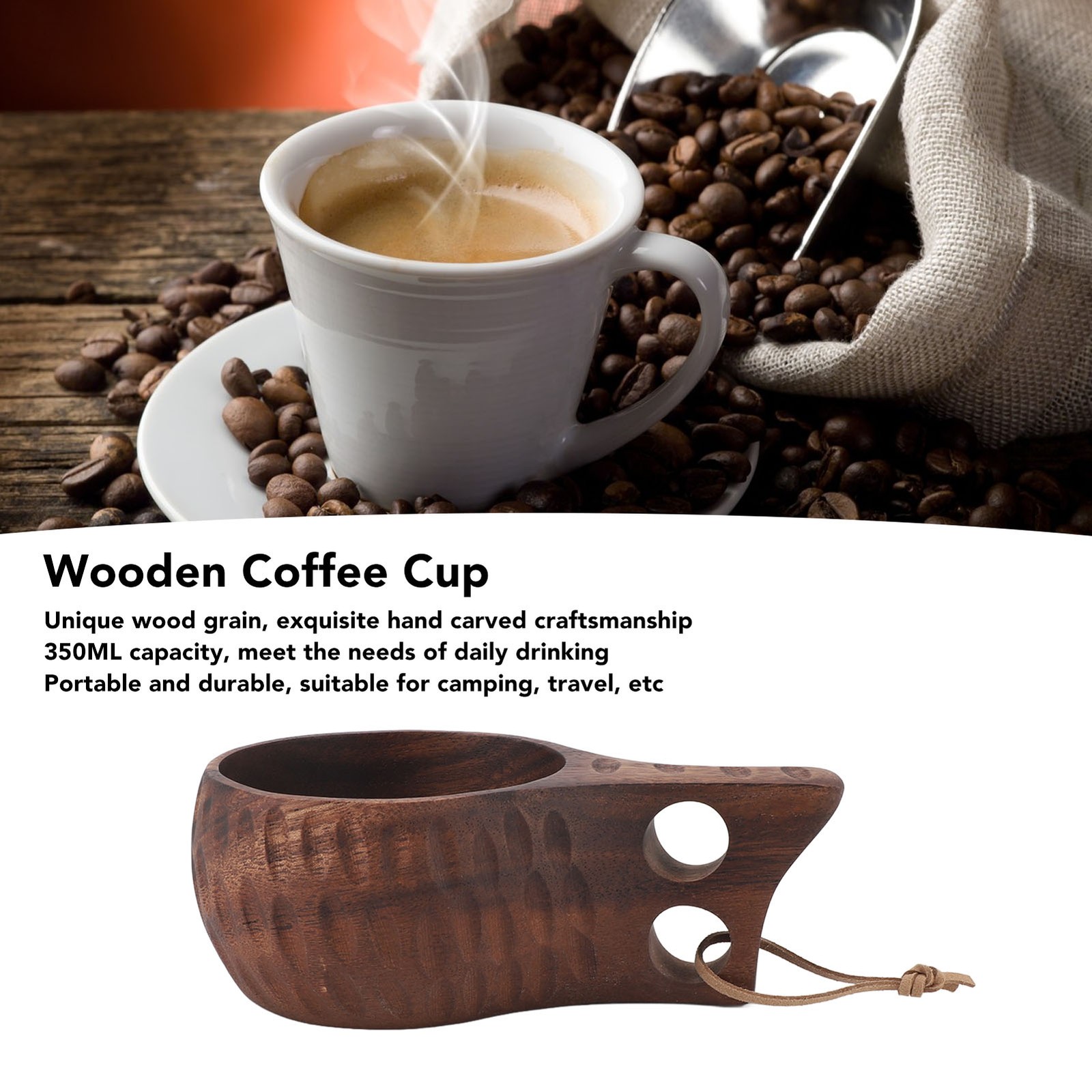 350ML Wooden Cup With Handle Portable Multifunctional Wood Mug Drinking Cup For