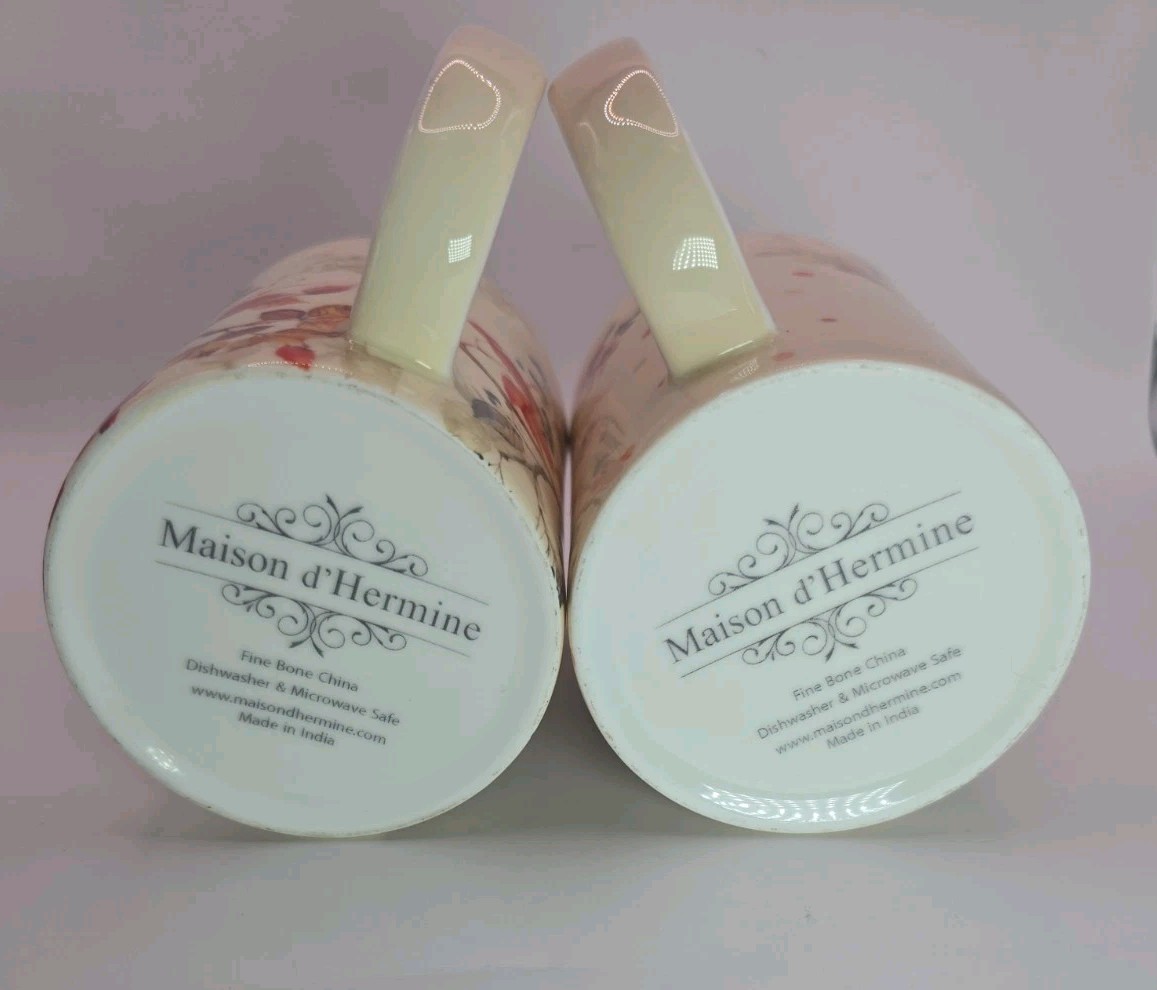 2 Maison d’ Hermine Fine Bone China Birds & Floral Cups 12 oz