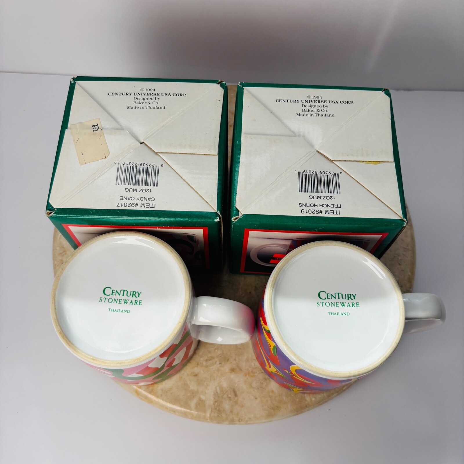 Vintage Retro Century Stoneware Thailand Mug Set Candy Cane French Horns Cup