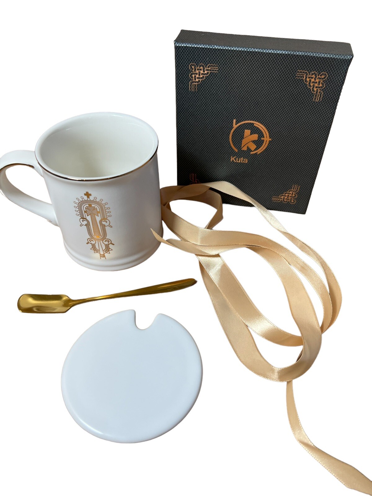 NEW Lidded Coffee Mug w/Gold Spoon Depict Christian Ethiopian Processional Cross