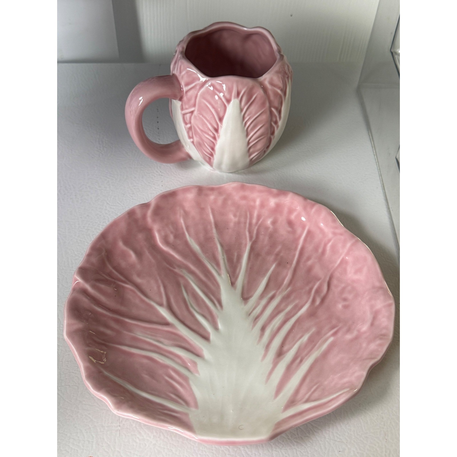 Pink Cabbage Leaf Ceramic Mug and Saucer Set Botanical Lettuce Ware Cottagecore