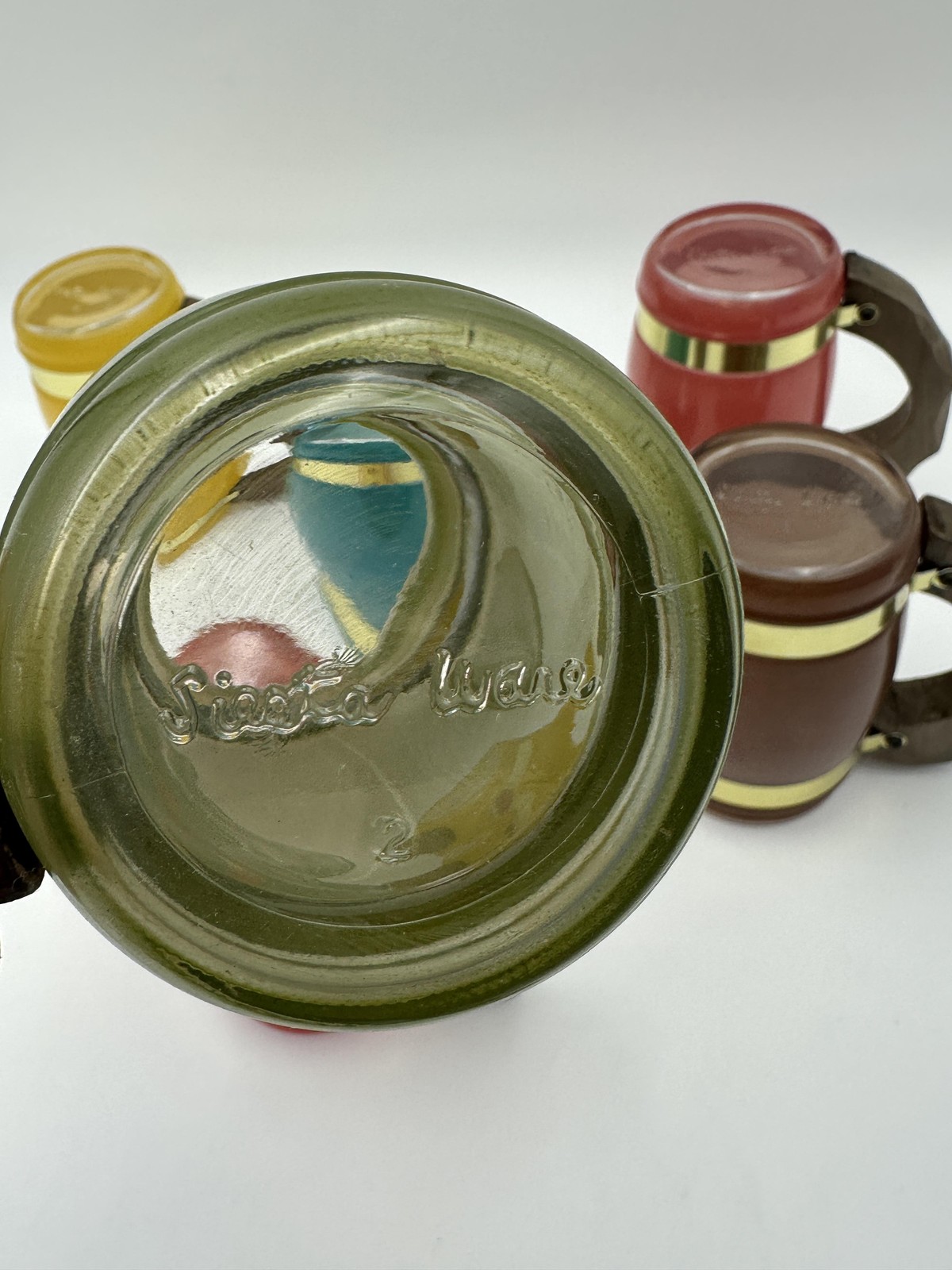 Siesta Ware Glass Mugs Set Of 6 Glass Barrel Wood Handles Multicolor Vintage