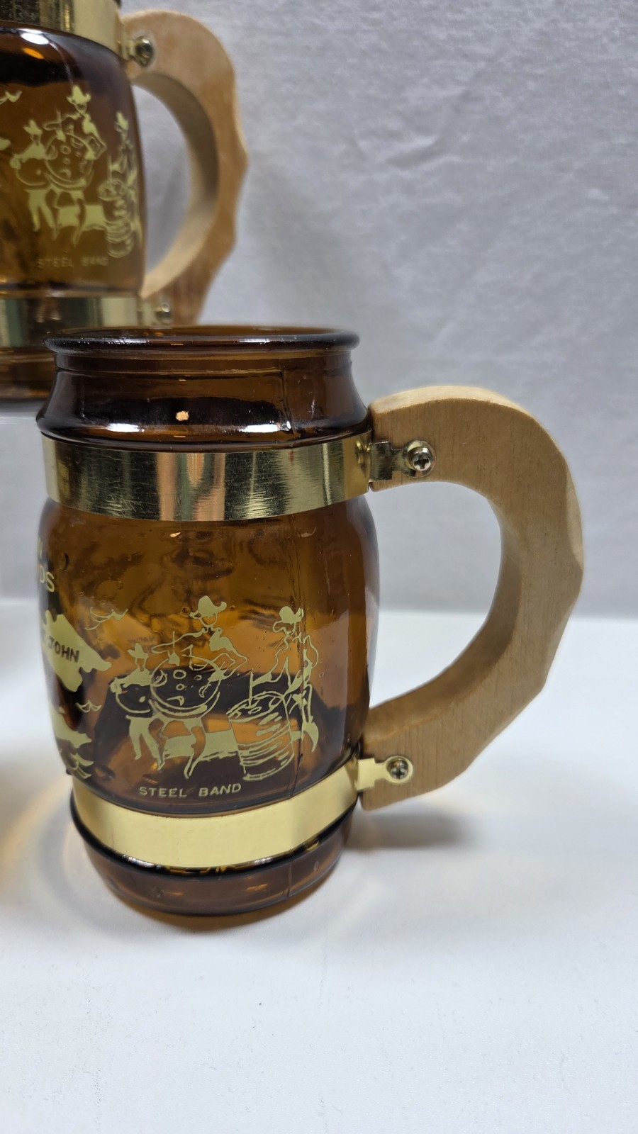 Vintage Amber Glass Set Of 3 Virgin Islands Beer Barrell Mug With Wooden Handle
