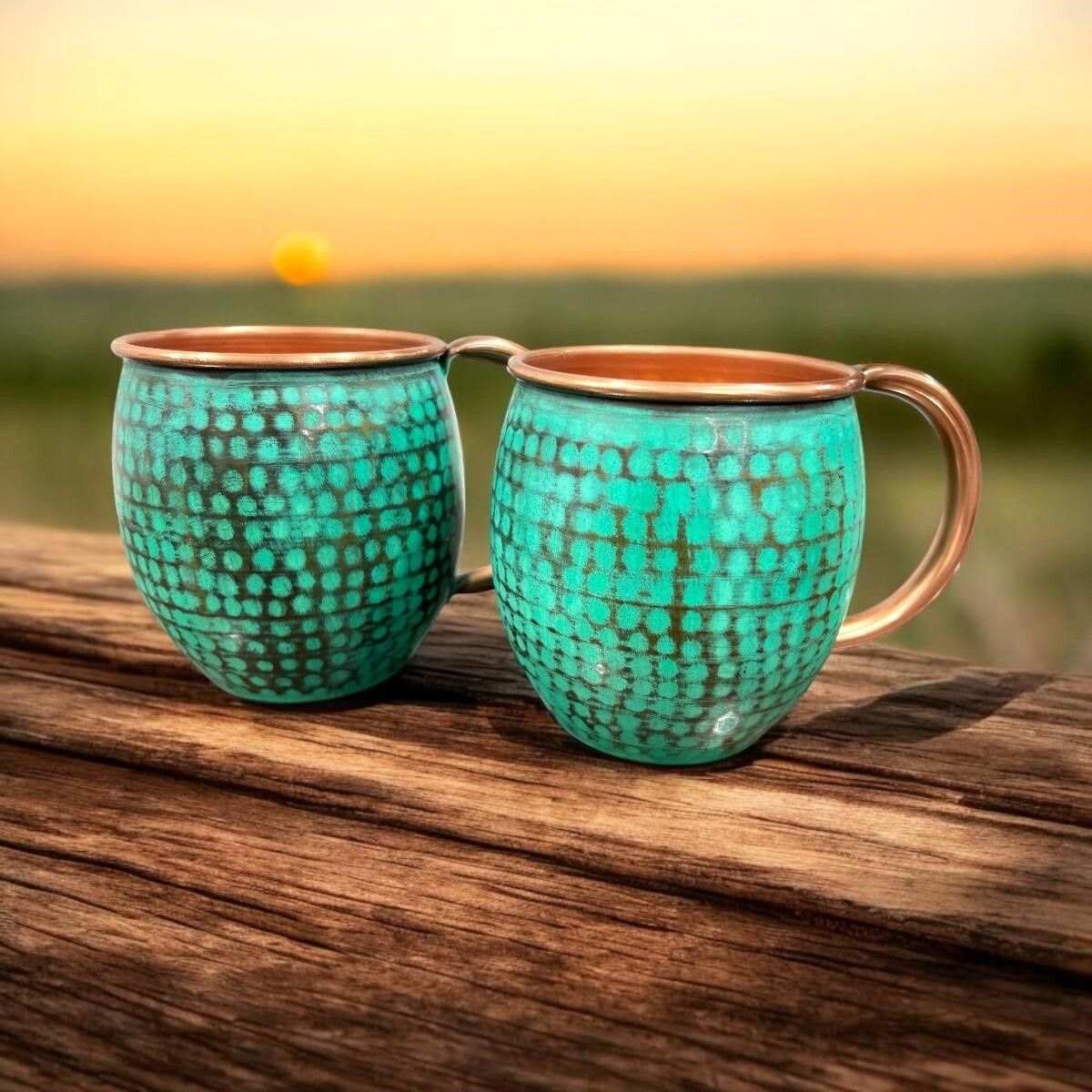 Mexican Handcrafted Recycled Copper Set of 2 Barrel Mugs, Mint Patina Finish