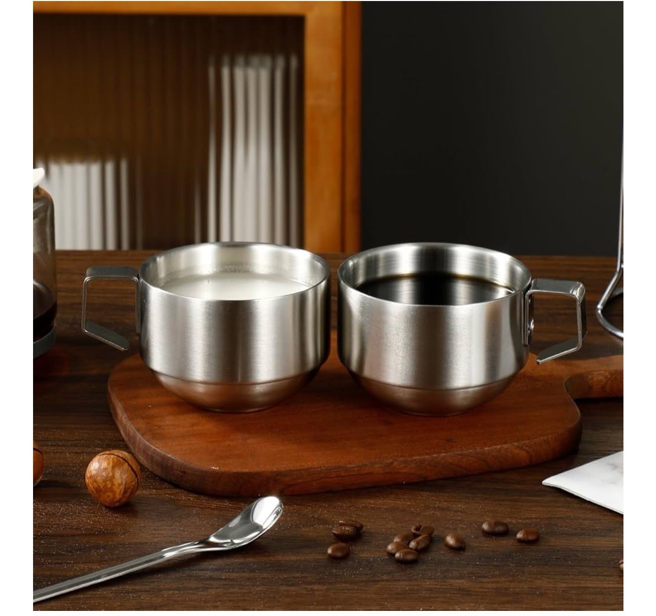 Stainless Steel Coffee Mug Set – 2 Stackable 250ml Cups with Spoons, Anti-Slip B
