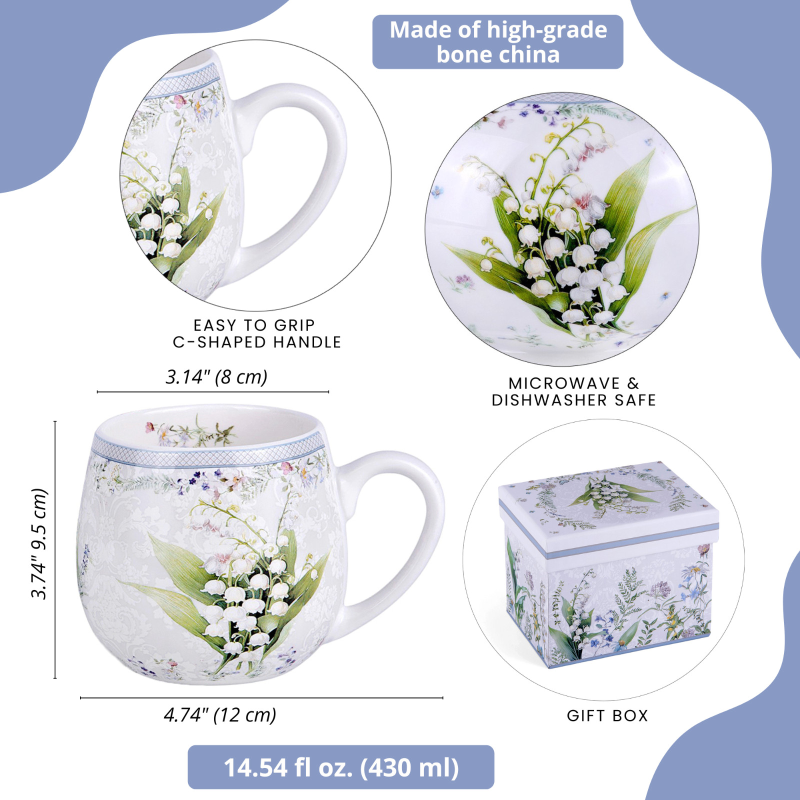 Lily of the Valley Bone China Mug Porcelain Cup Coffee Tea Mug Jumbo Mug 14.5 oz