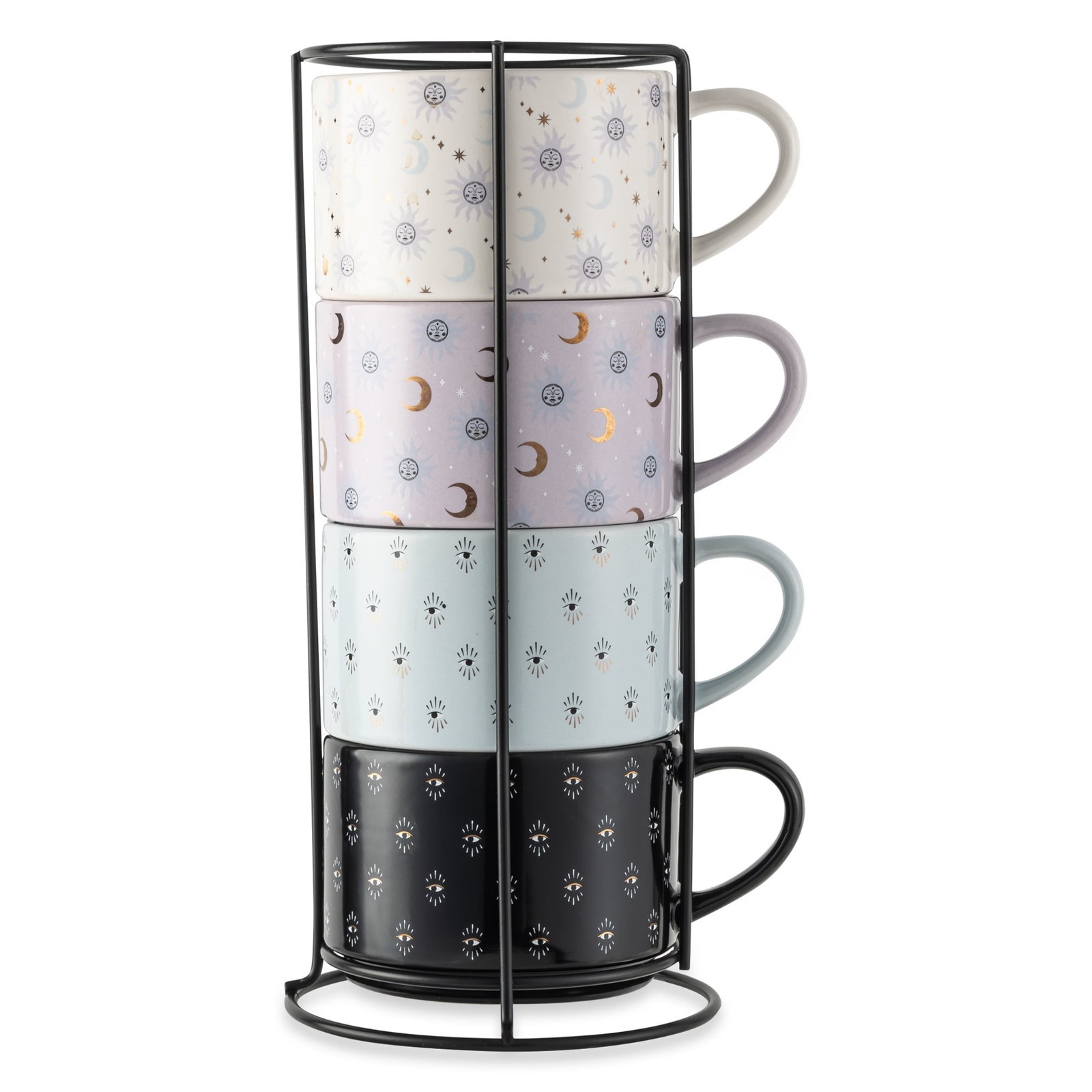 11.1 fl oz Assorted Celestial Stoneware Stacking Mugs W/ Wire Rack Set of 4