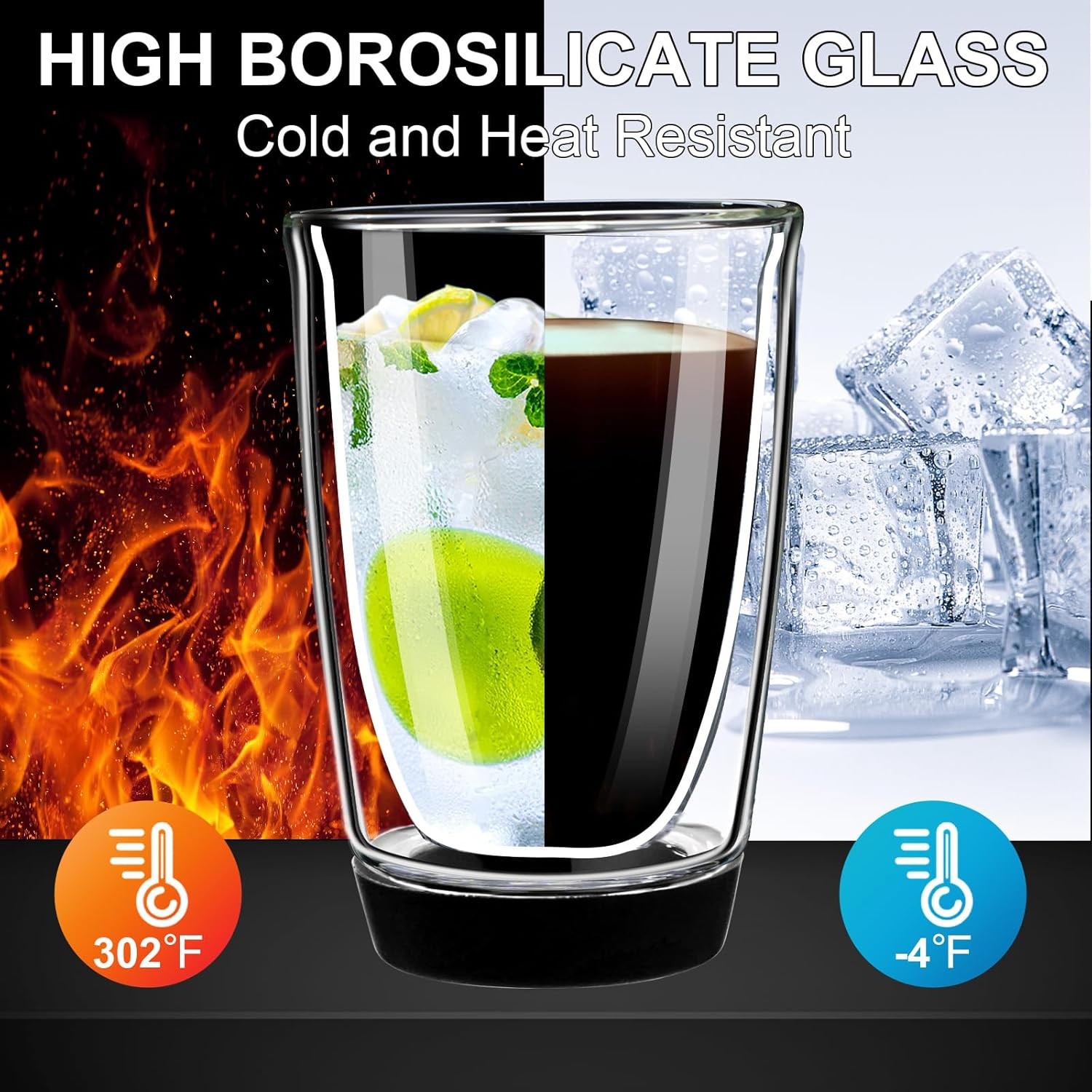 Double Walled Glass Coffee Mugs, Glass Coffee Cugs with Silicone Lid 12OZ,