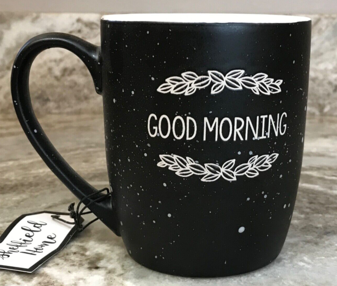 Large Coffee Mug Good Morning Black, White With Blue Speckles Sheffield Home New