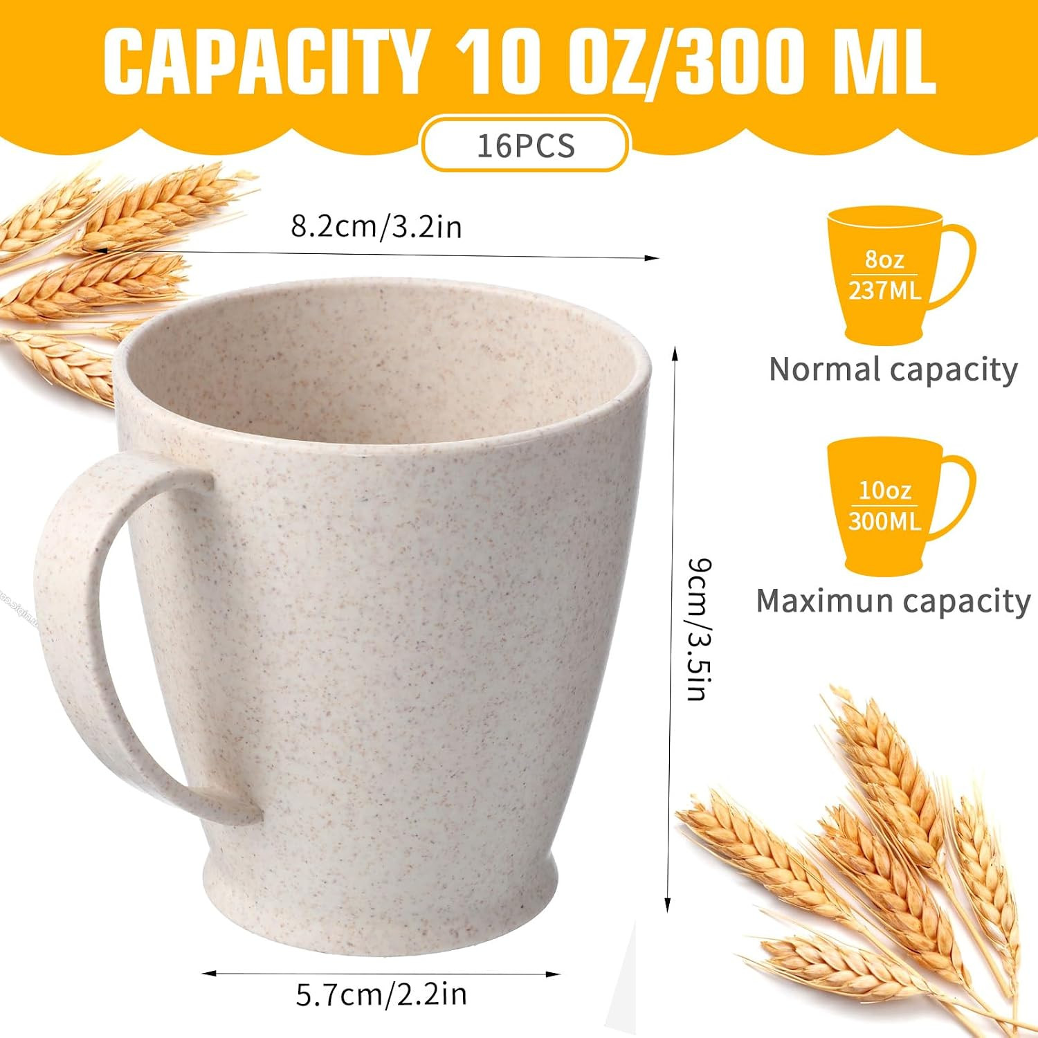16-Pack 10oz Wheat Straw Mugs, Dishwasher Safe Unbreakable Coffee Mug Set with H