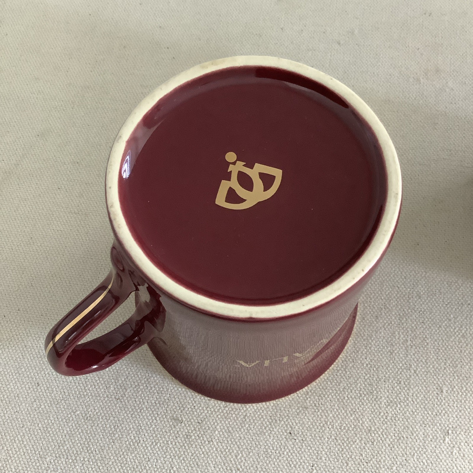 NWOT Set (2) GEVALIA 10oz Burgundy Porcelain Coffee Mug w/ Gold Rim & Lettering