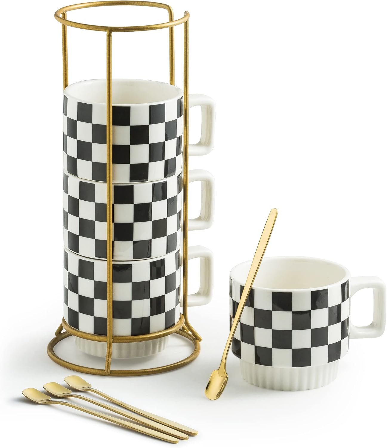 Stackable Coffee Mug Set of 4 with Rack 11 Oz Tea Cup Set with Little Spoon for