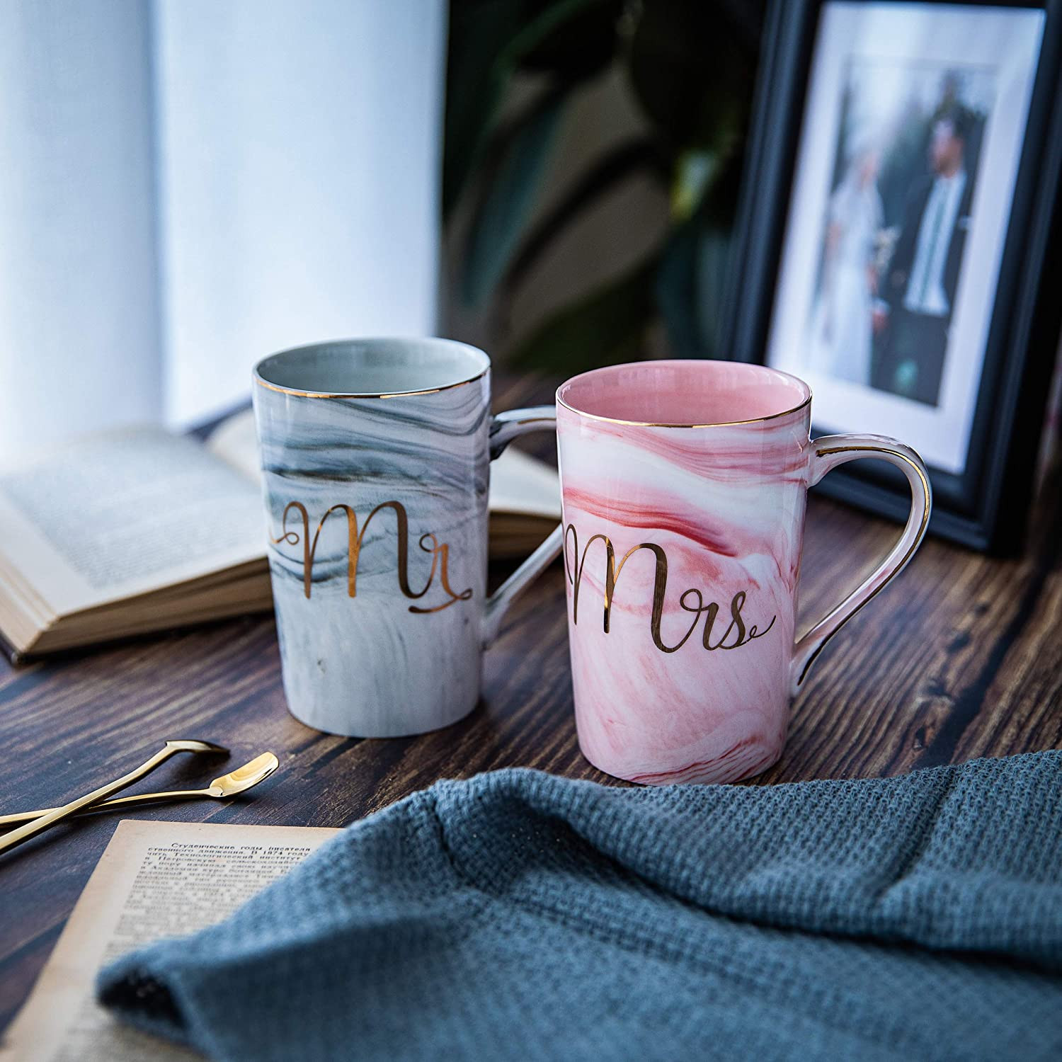 Mr and Mrs Coffee Mugs Wedding Gifts for Bride Groom Ceramic Marble 14 Oz