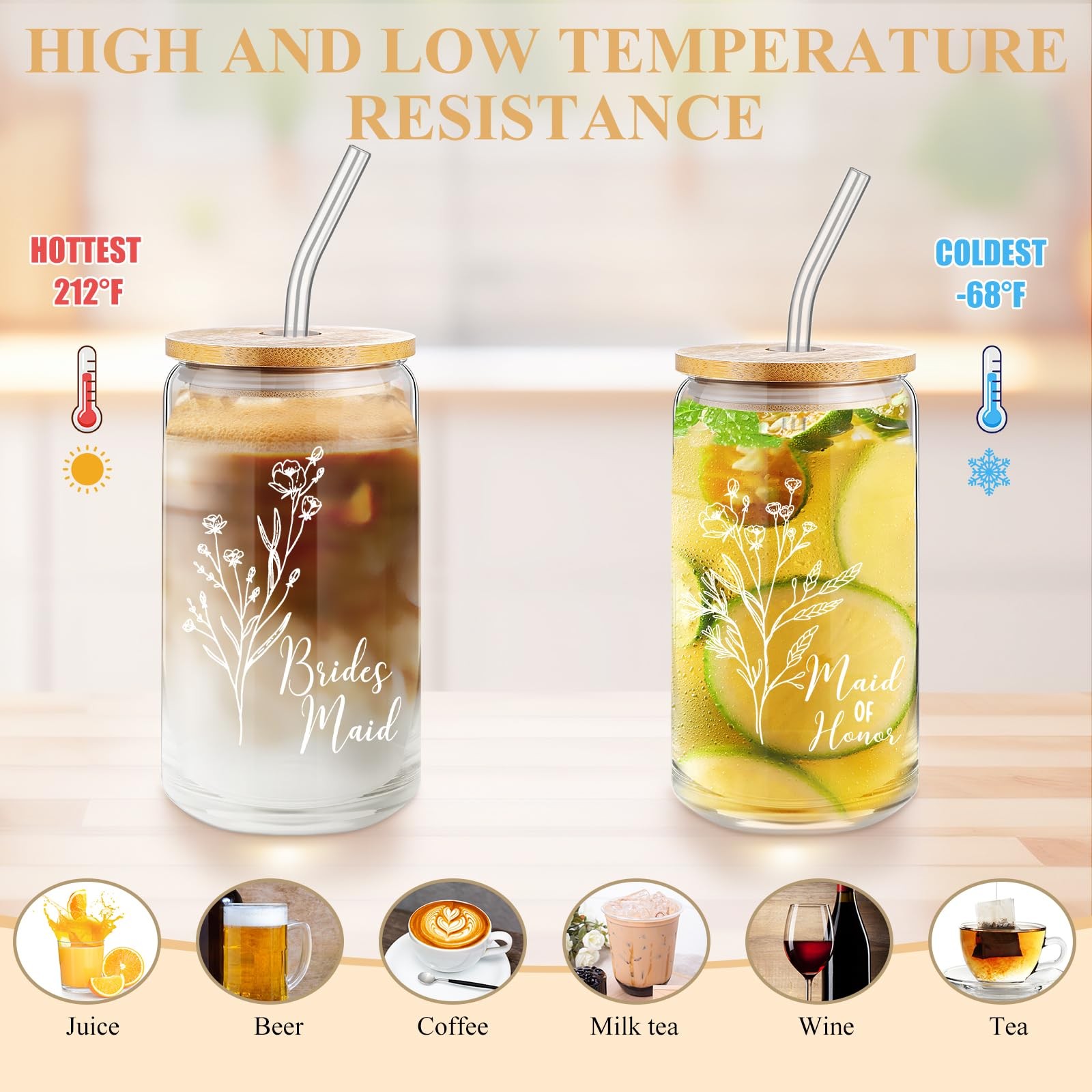 Layhit 5 Pcs 16 Oz Can Shaped Drinking Glasses with Lids Bridesmaid Gifts
