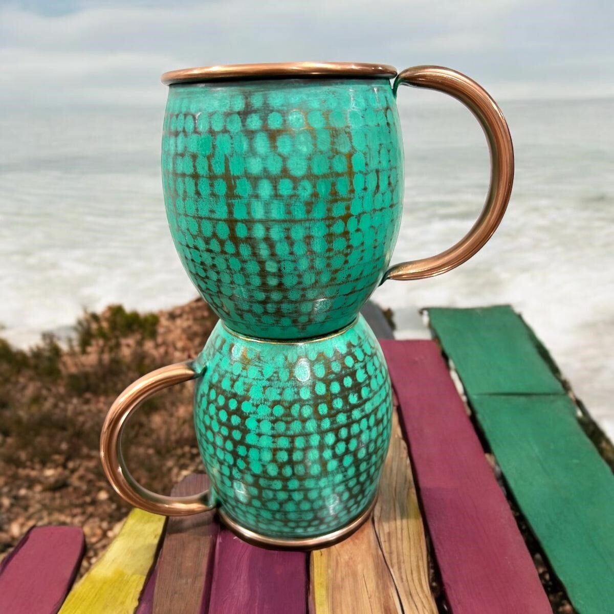 Mexican Handcrafted Recycled Copper Set of 2 Barrel Mugs, Mint Patina Finish