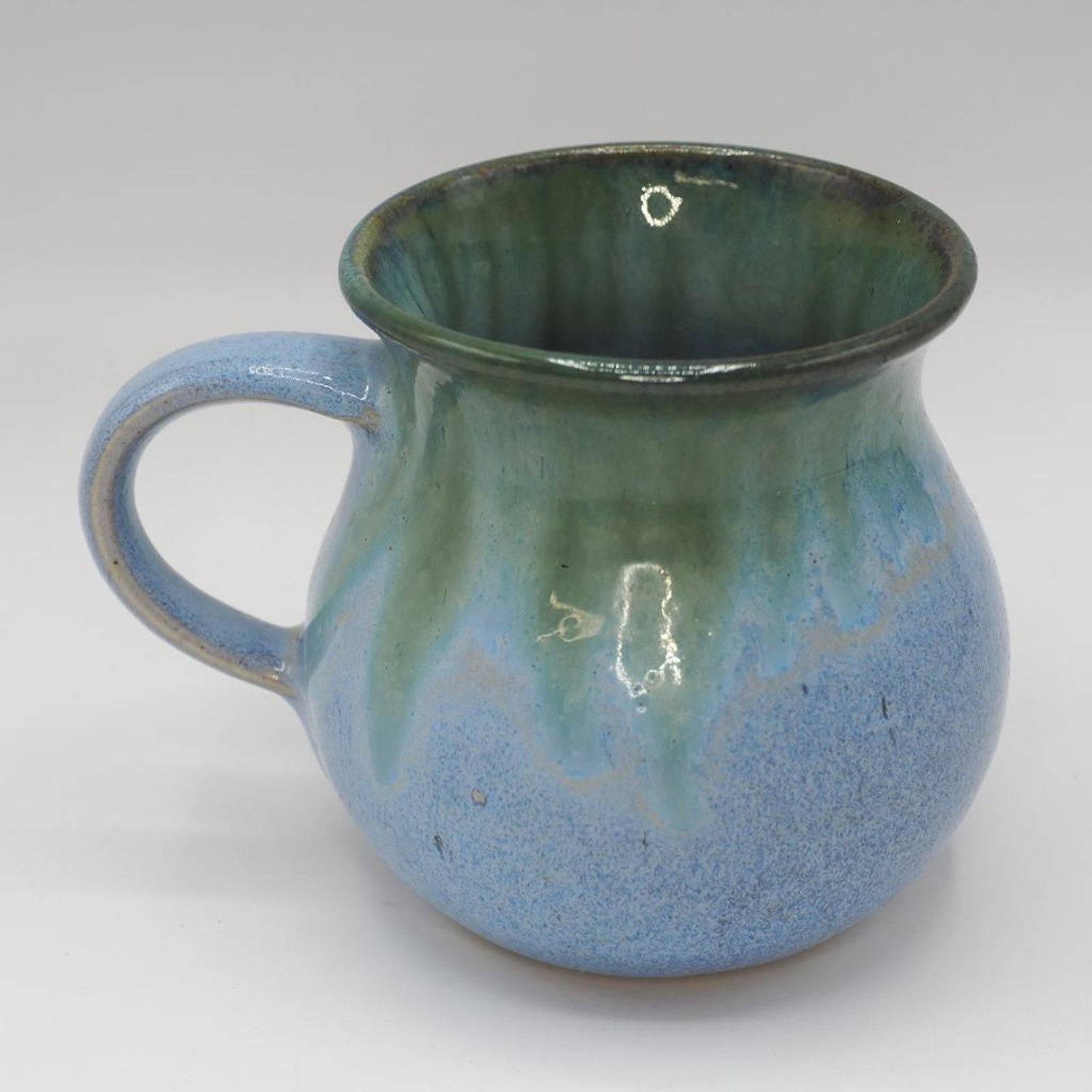 Studio Pottery Handcrafted Drip Glaze Mug Blue Green Signed Stoneware 4 Inch