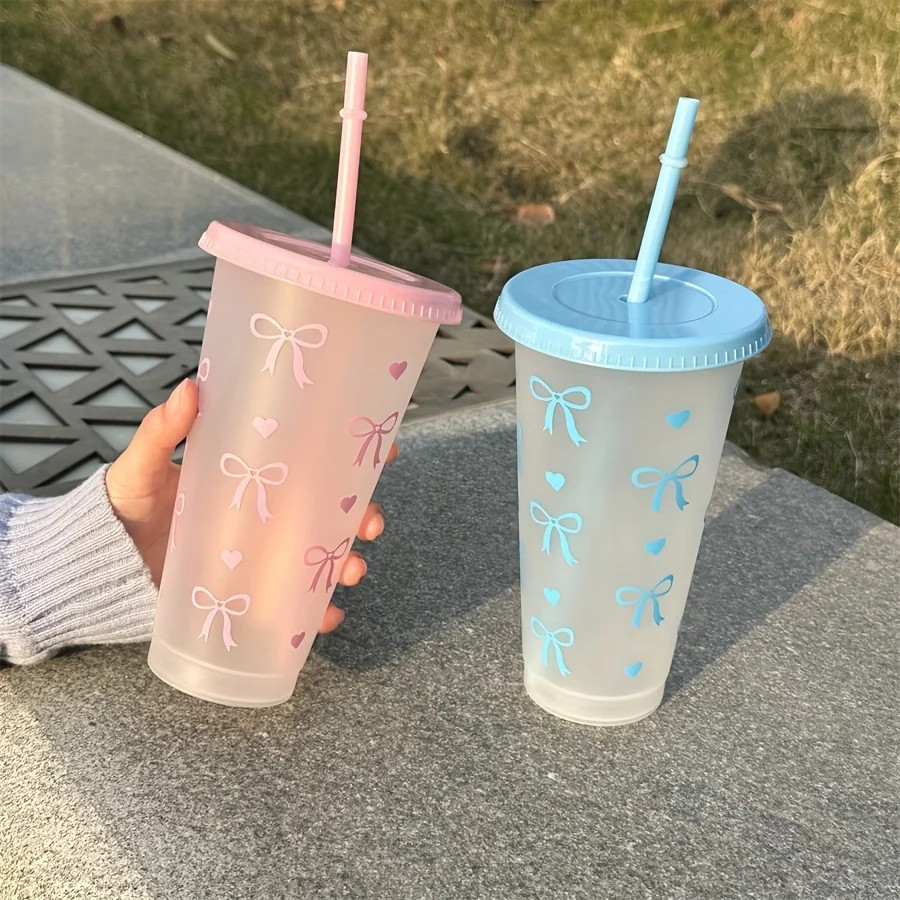 Party Cups With Straw Lid Bow Plastic Style Tumblers 24oz NEW