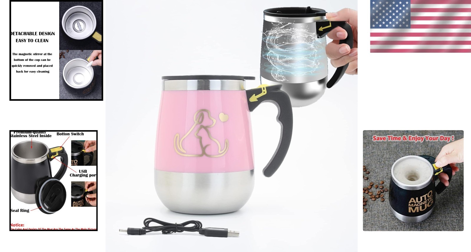 Rechargeable Self Stirring Mug – Magnetic Stainless Steel Cup in Elegant Pink