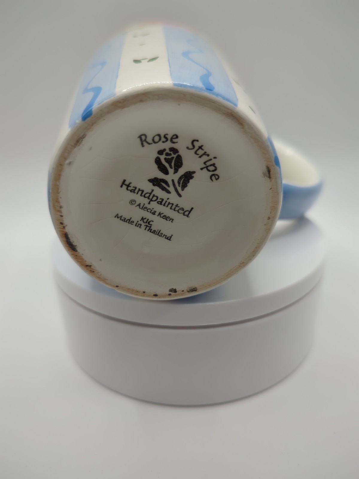 Vintage KIC Ceramic Rose Stripe Mug 16oz Handpainted Alecia Keen Thailand