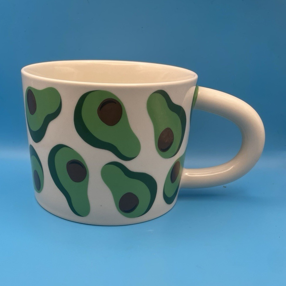 White Ceramic Coffee Mug 11 fl oz Green Avocado Decorated Pattern Round