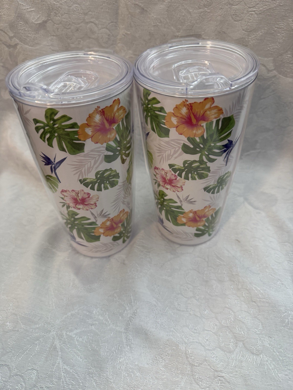 Tropical Floral Plastic Tumbler Cup With Lid Hawaiian Hibiscus Monstera Design