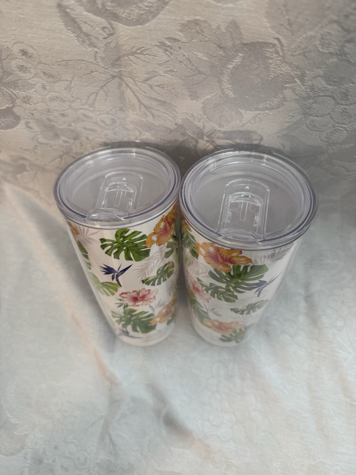 Tropical Floral Plastic Tumbler Cup With Lid Hawaiian Hibiscus Monstera Design