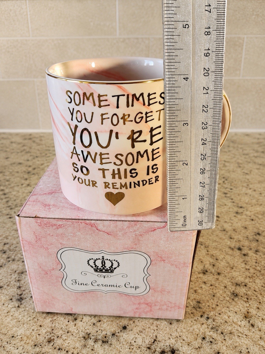 Fine Ceramic Cup Inspirational Quote Mug 11 fl oz Pink/White/Gold Marbled