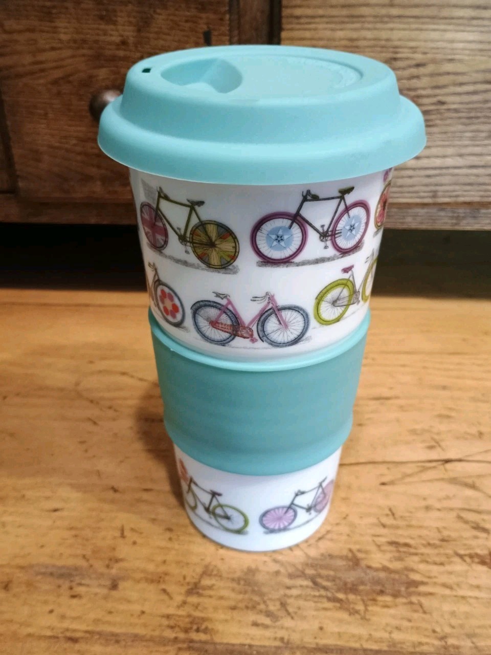 World Market Bicycle Ceramic Travel Mug with Grip and Lid – White / Teal