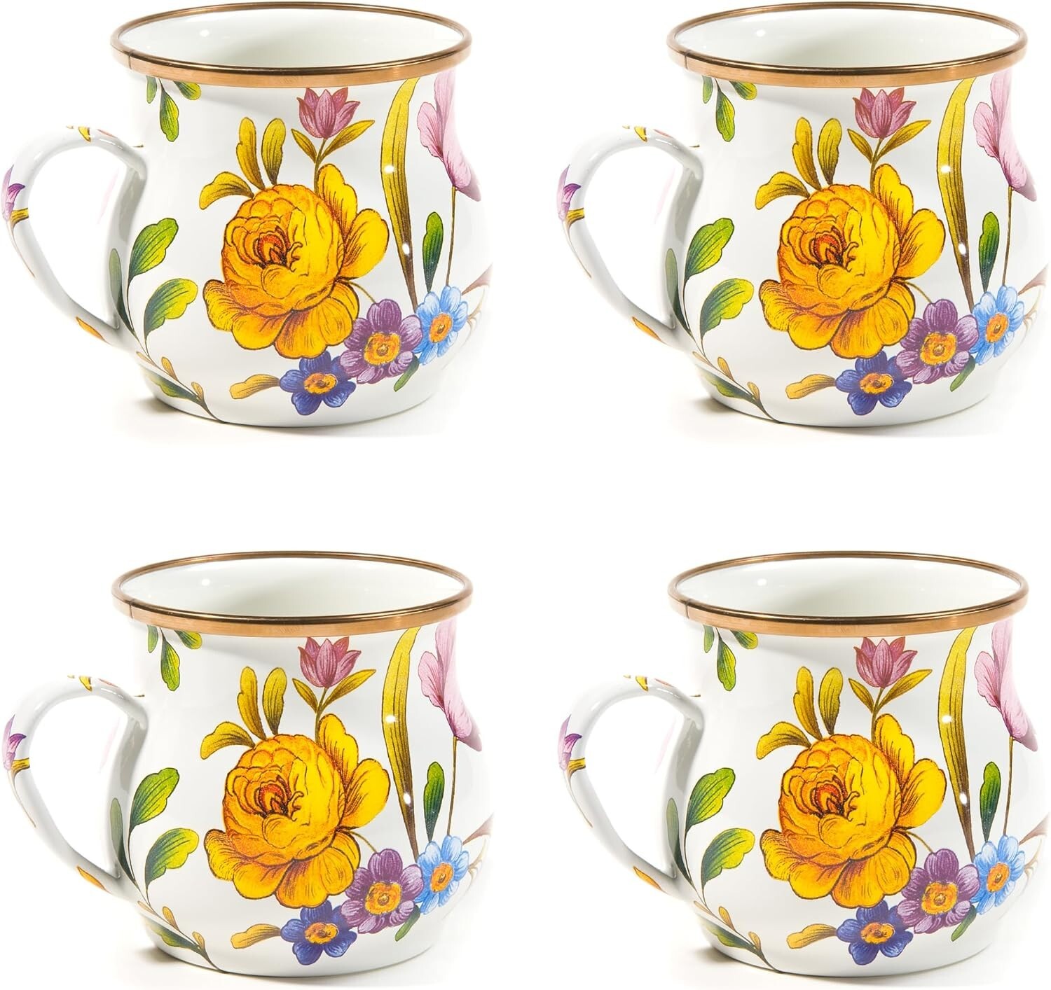 Mackenzie Childs White Flower Market Enamel Mug Cup 16 oz SET of 4 NEW FREE SHIP