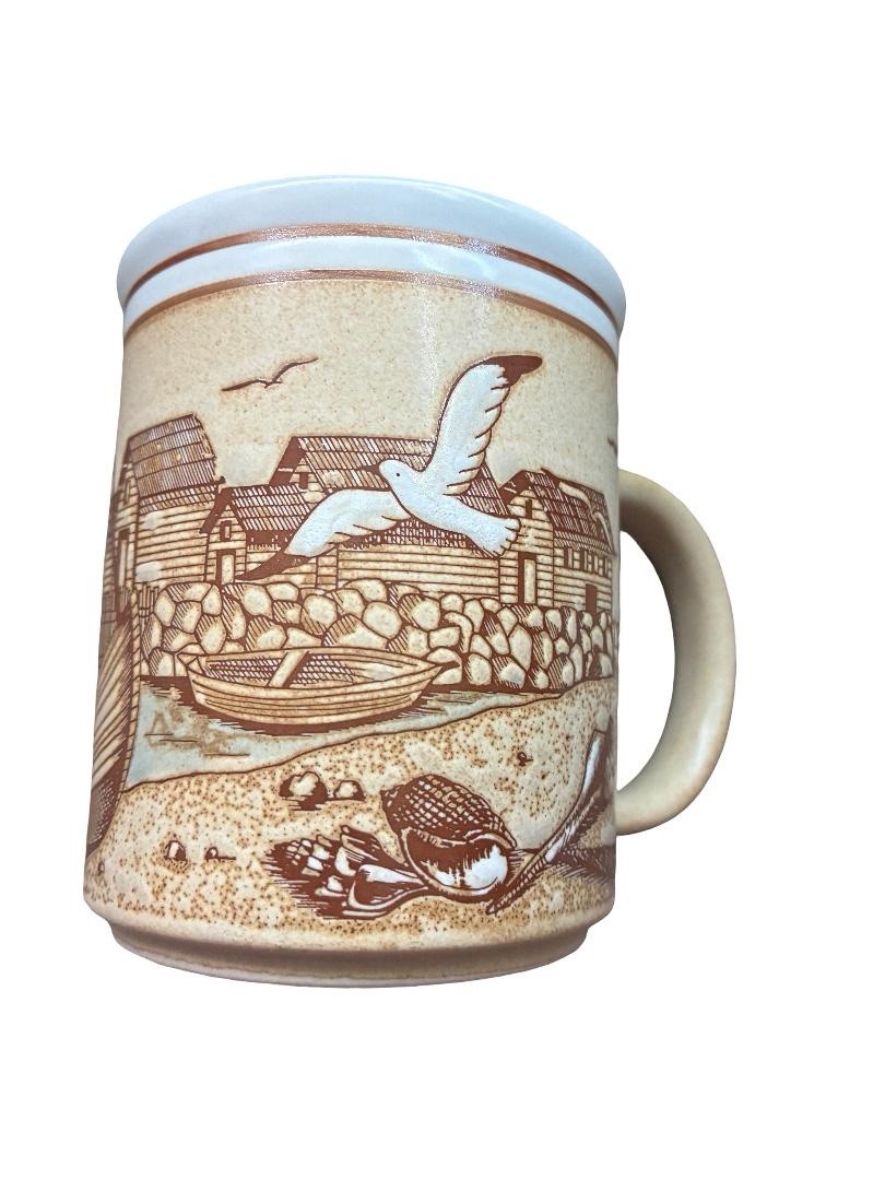 Set of 4 Ceramic Coffee Mugs 10 fl oz Nautical Seagull Harbor Scene Beige Blue