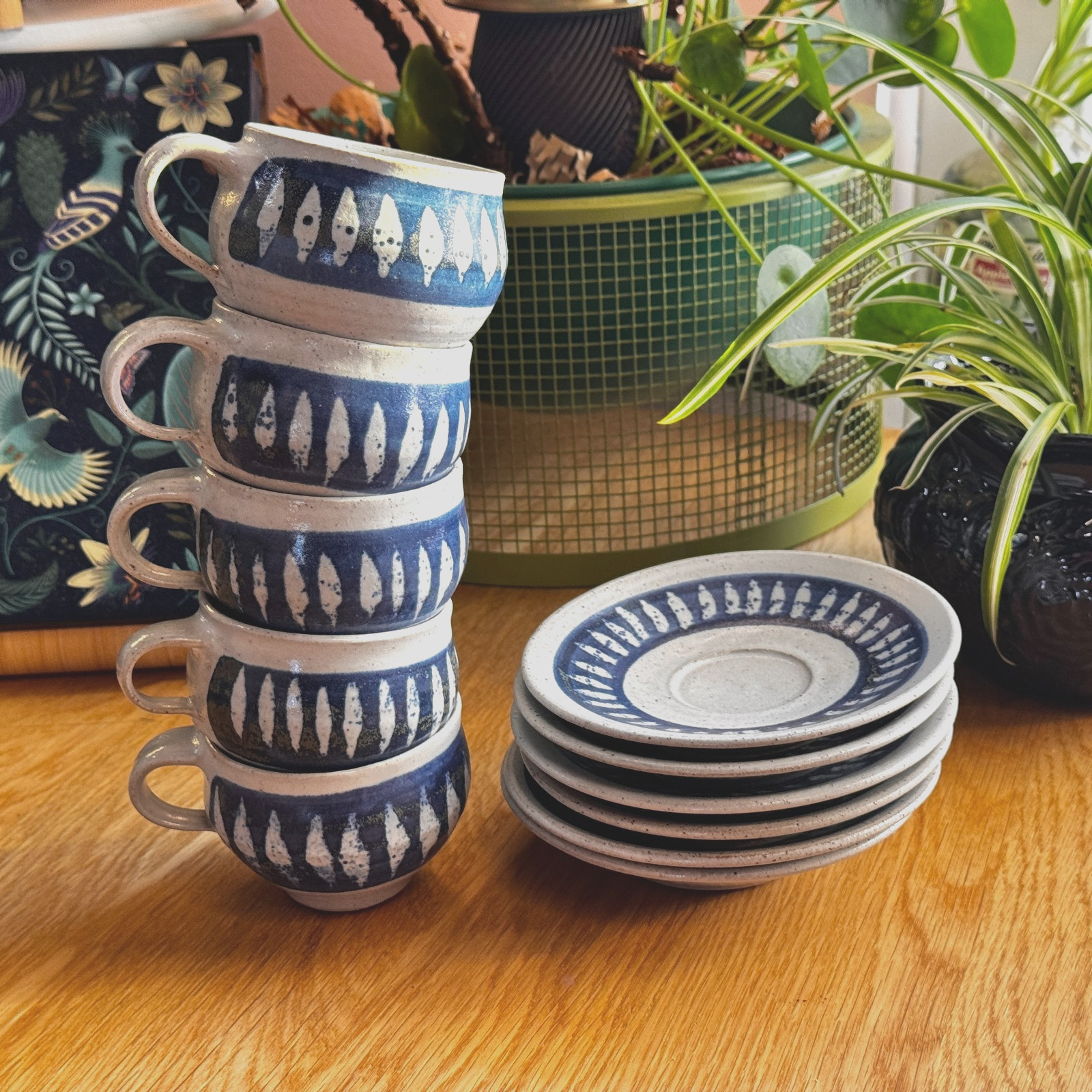 Ceramic Stoneware Artisanal Cup & Saucer 11-Piece Set, Cobalt Blue, Incomplete
